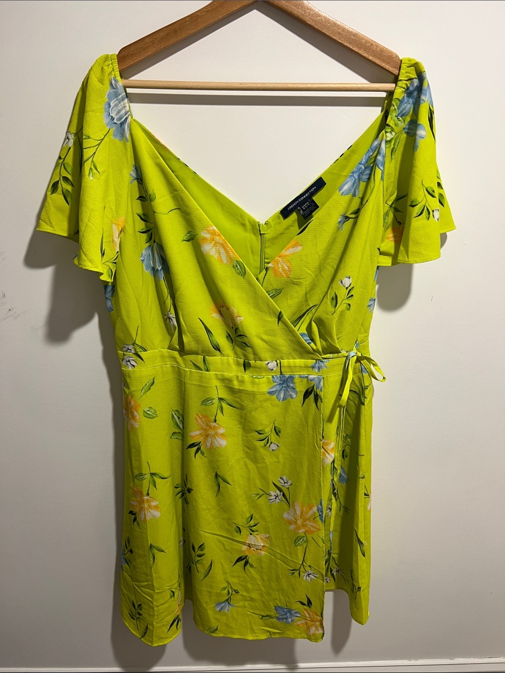 French Connection Lime Green Floral Wrap Mini Dress Size 12
